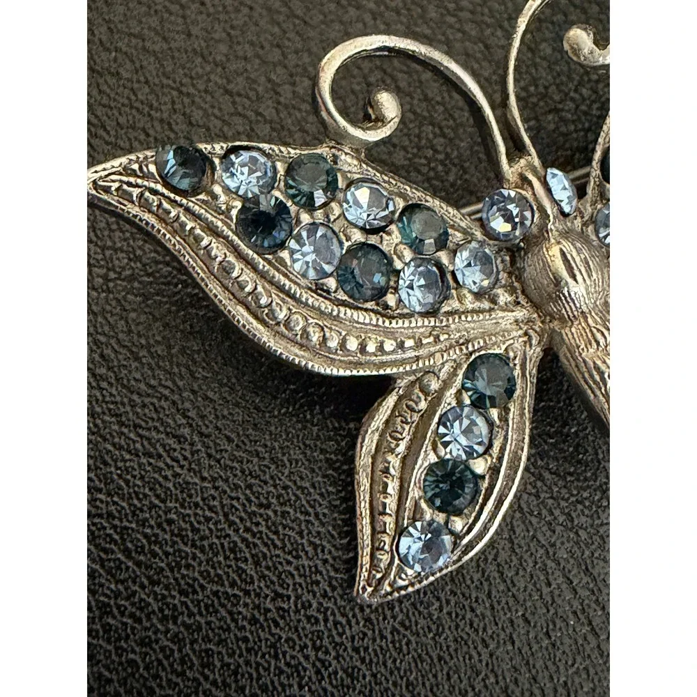 Rhinestone Butterfly Brooch Blue Silver Tone